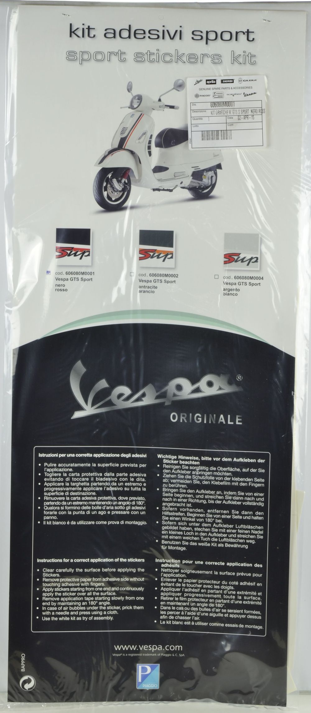 PIAGGIO ORIGINAL SPORT STICKERS KIT RED/BLACK VESPA GTS SPORT
