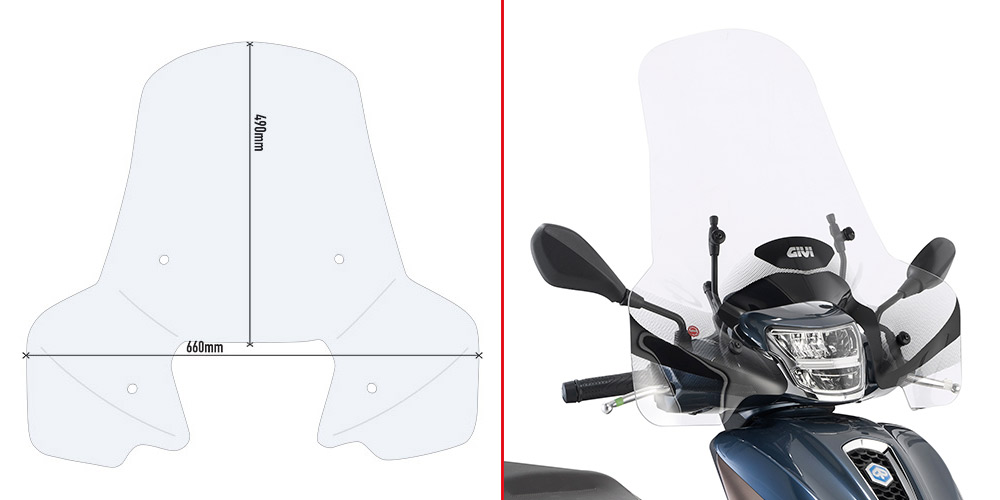 Givi Cúpula, transparente 49 x 66 cm (H x W) para Kymco People S 300 (19 > 21), Piaggio Medley 125-150 I-GET , Piaggio Medley S 125-150 I-GET (20 > 21), SYM Symphony 125 EURO 5 (20), SYM Symphony 125 EURO 5 (21), SYM HD 300 (19 > 21)